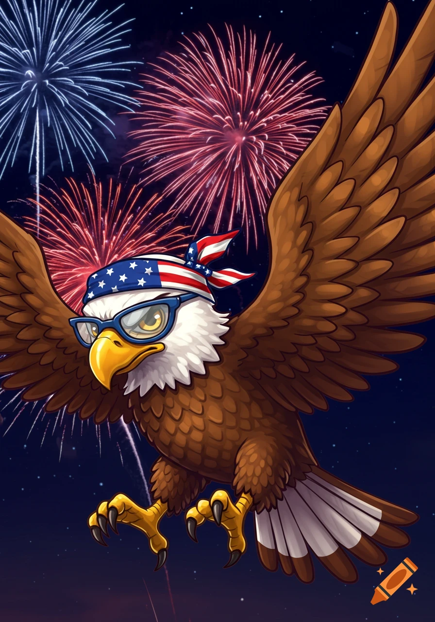 Cartoon bald eagle wearing blue glasses and a USA flag bandana, flying against a night sky filled with red and blue fireworks.