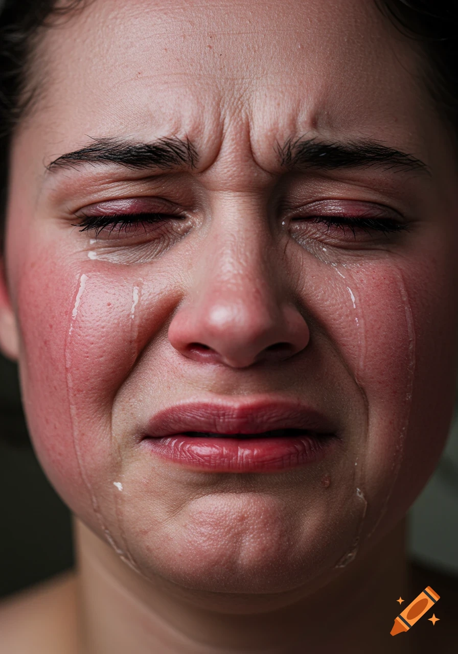 Close-up photorealistic portrait of a person's face crying with tears streaming down their red, wrinkled cheeks.