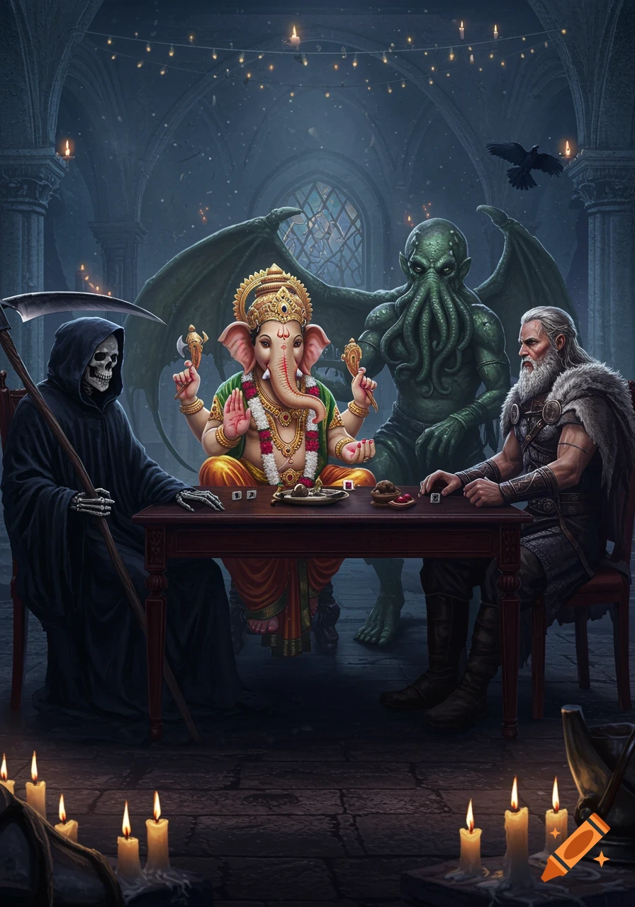 The Grim Reaper, Ganesha, Cthulhu, and Odin sit around a table in a candlelit, gothic hall.