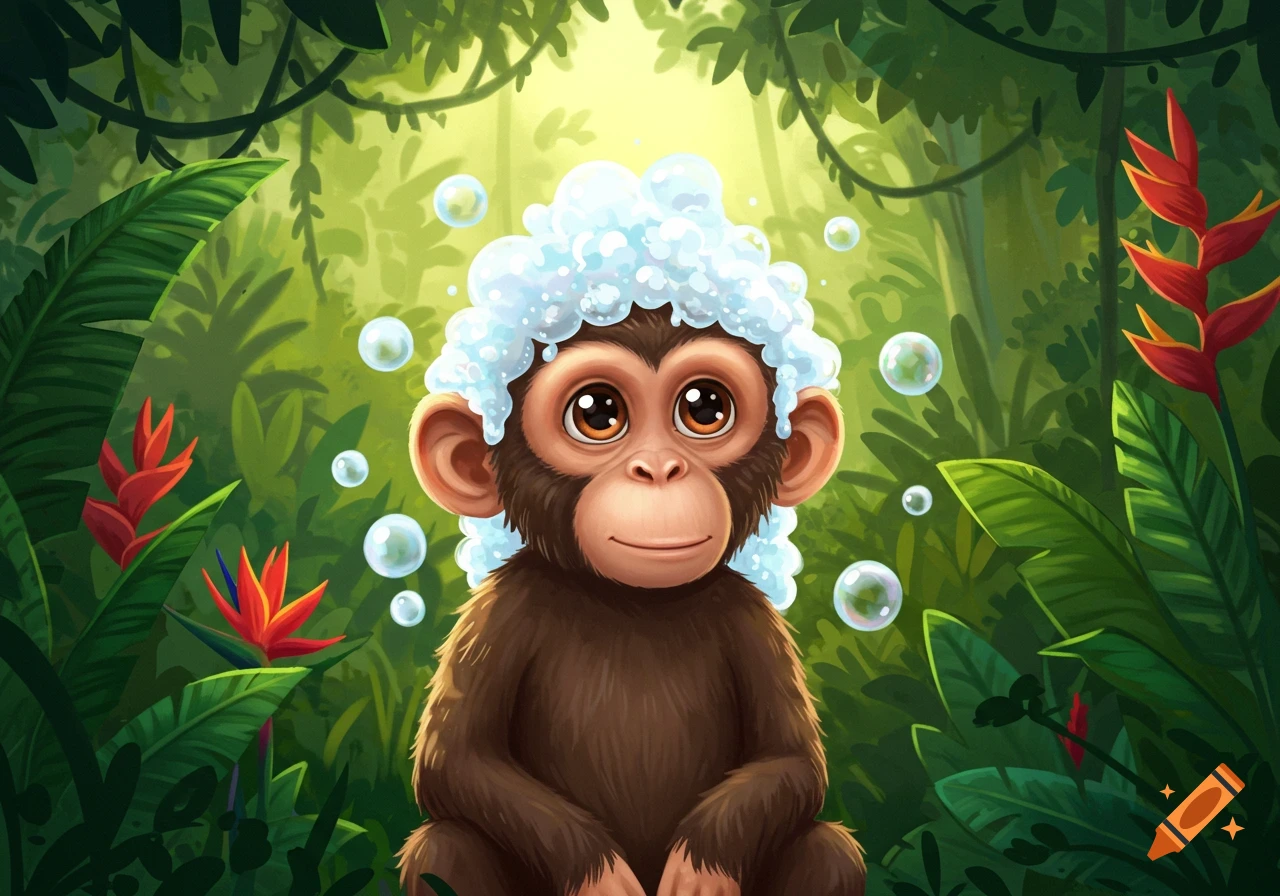 A cute cartoon monkey with white shampoo bubbles on its head smiles in a vibrant green jungle with red flowers.