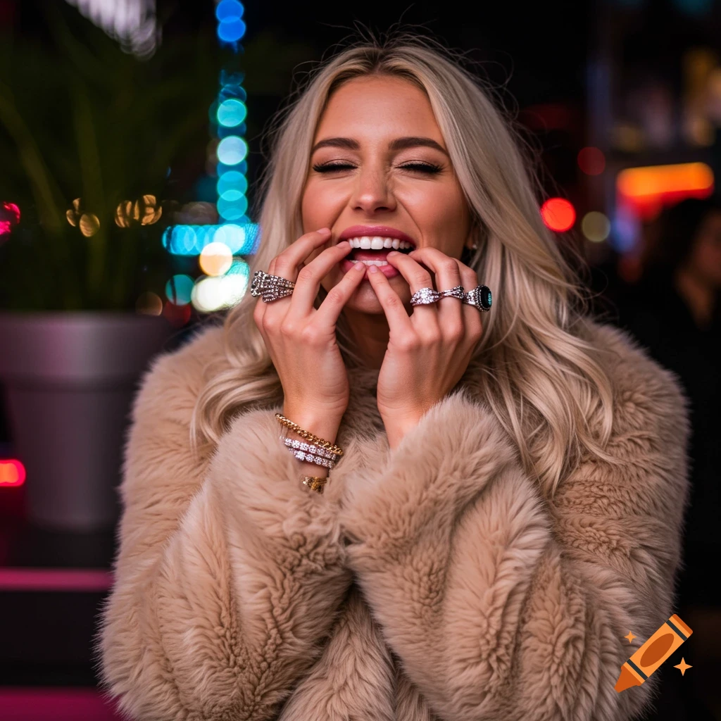 A blonde woman in a fur coat playfully biting her lip, showcasing multiple statement rings against a blurred nightlife background.
