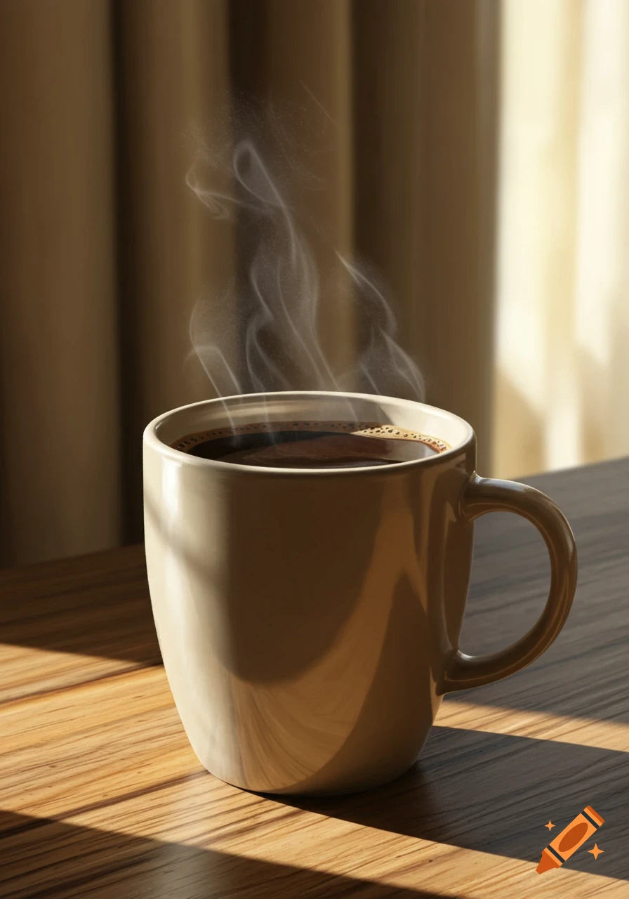 A steaming mug of coffee on a wooden table, with sunlight casting shadows from a window.