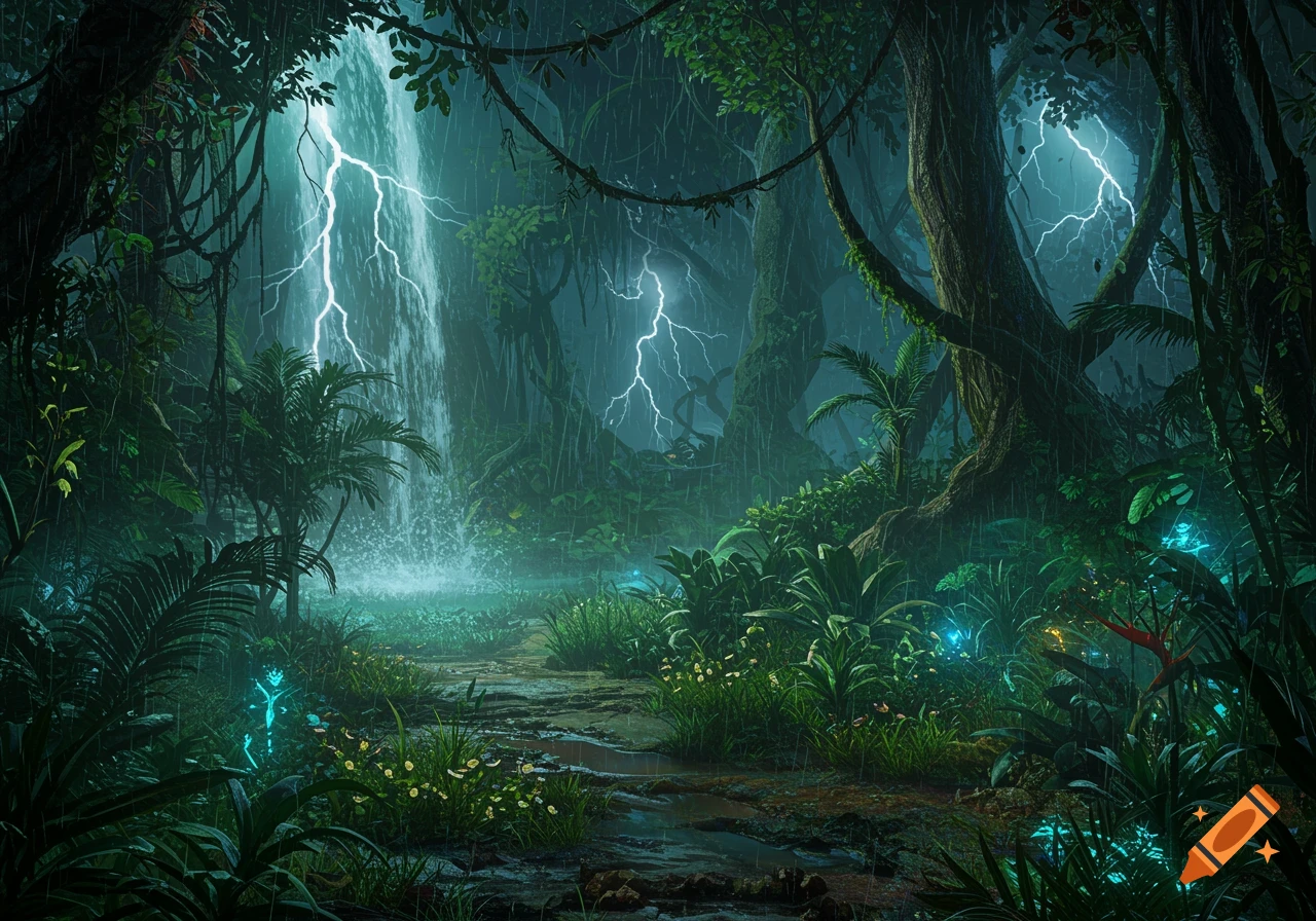 A dark, lush jungle in heavy rain, with a cascading waterfall and bright lightning illuminating the foliage and muddy path.
