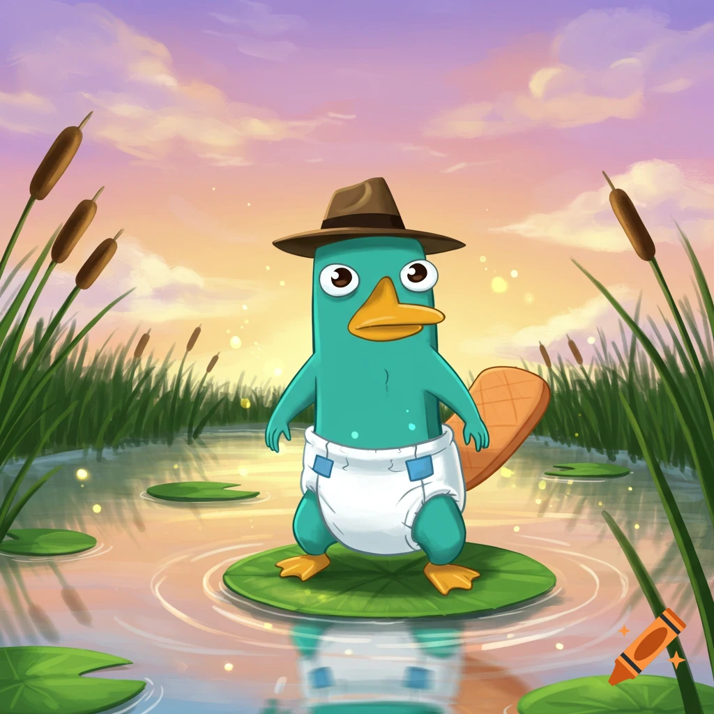 A cartoon platypus wearing a diaper stands on a lily pad in a pond surrounded by tall reeds under a colorful sunset sky.