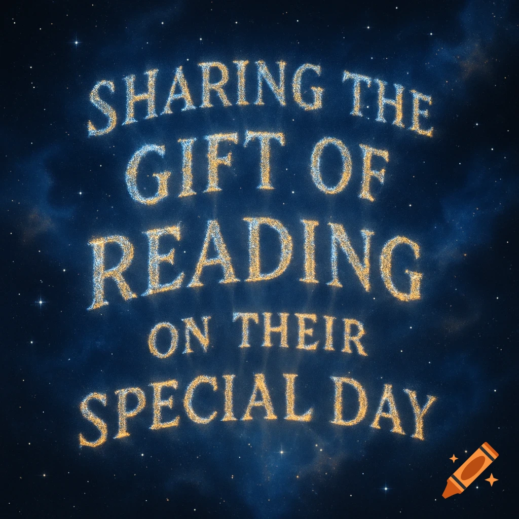 Glittering golden and blue text spelling "SHARING THE GIFT OF READING ON THEIR SPECIAL DAY" against a dark starry background with faint nebulae.