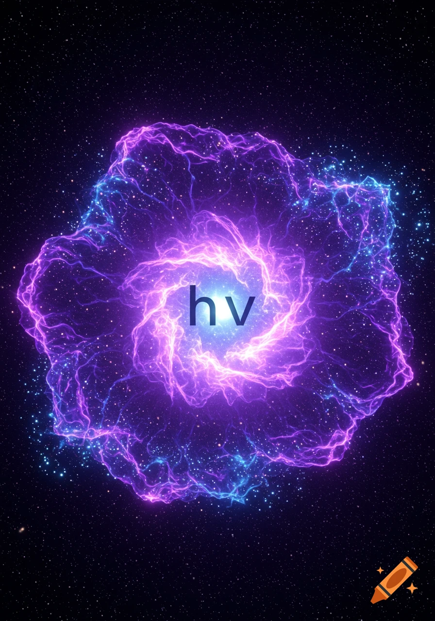 A vibrant, glowing purple and blue nebula with stars in the background, featuring the letters 'hv' at its center.