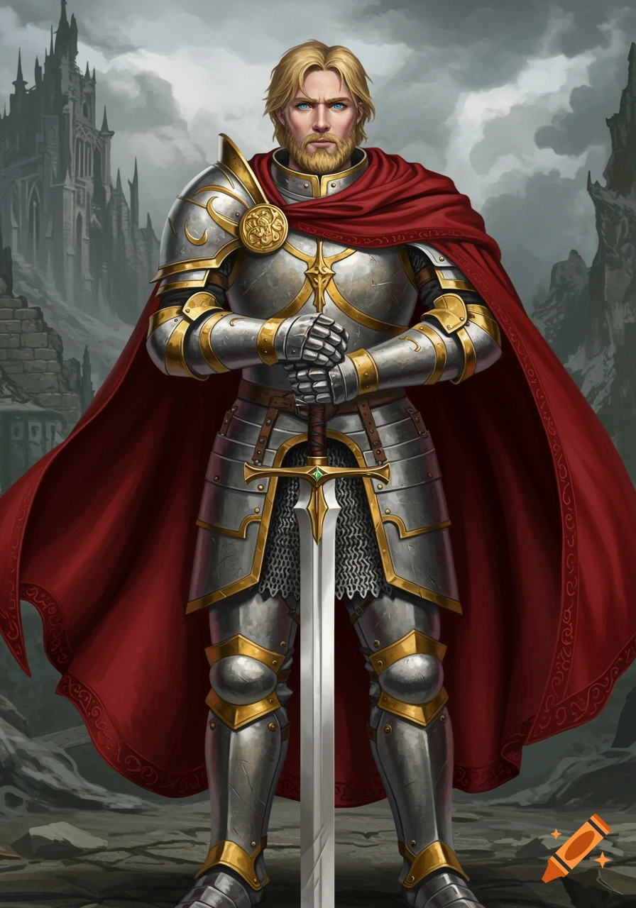 Blonde-bearded paladin in silver and gold armor with a red cape, holding a sword, against a rundown castle under an overcast sky.