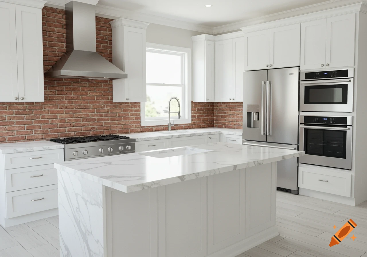 A modern kitchen with white cabinets, a large marble island, stainless steel appliances, and a red brick backsplash.