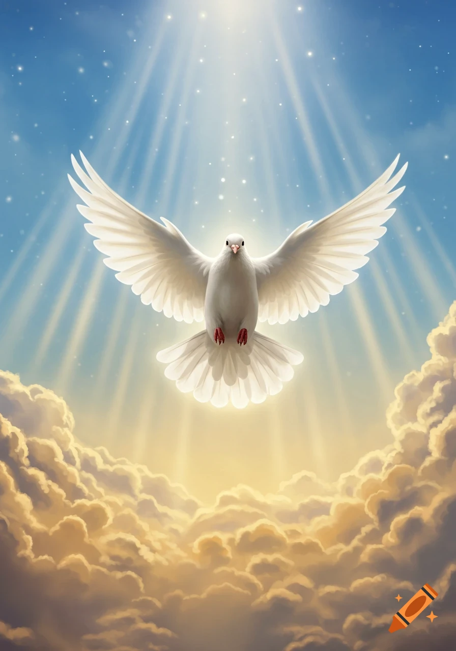 A white dove with outstretched wings descends from a bright sky with light rays, above golden clouds.