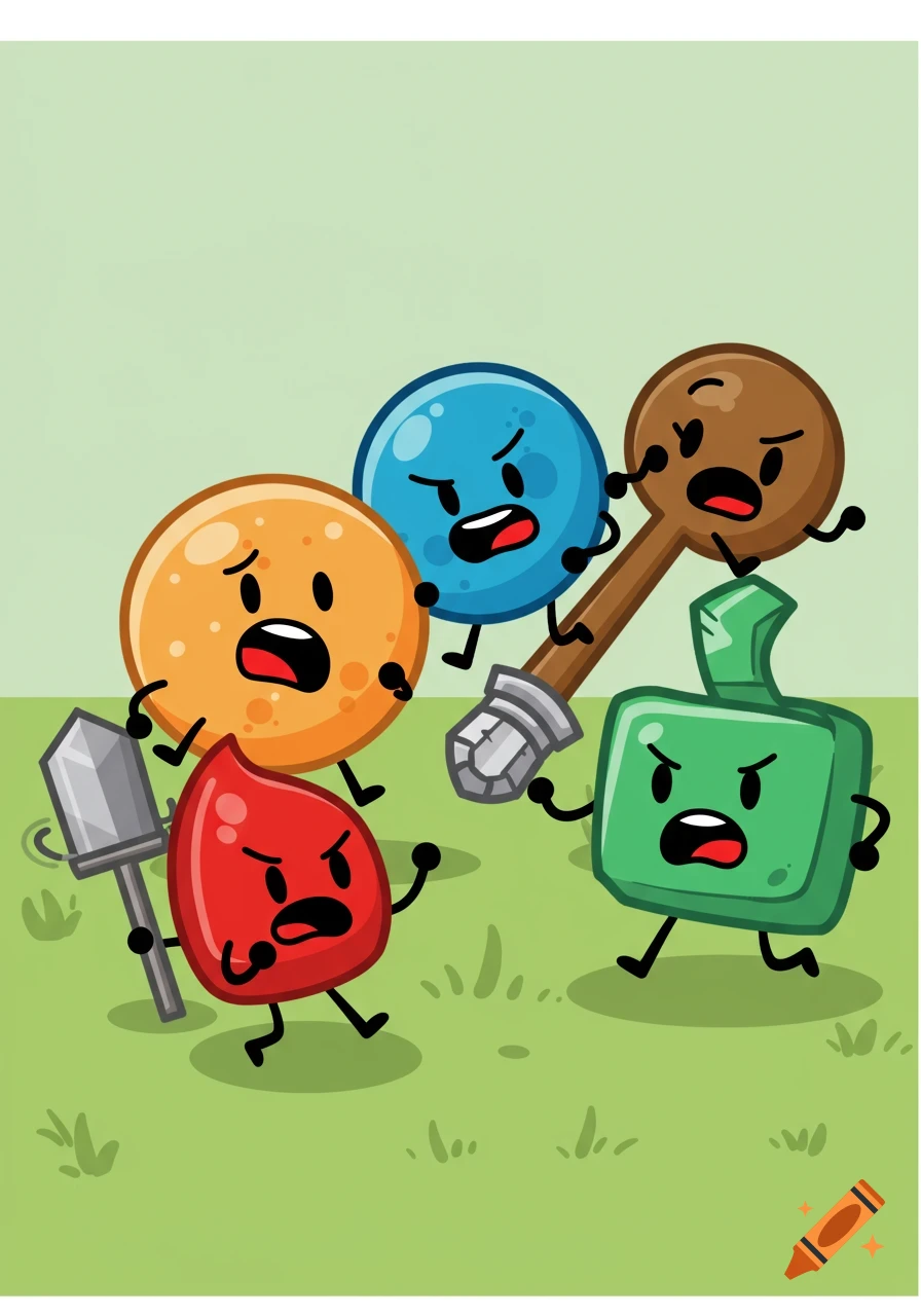Five angry, anthropomorphic objects, including a red teardrop with a shovel and a brown key, confront each other on a grassy field in a cartoon style.