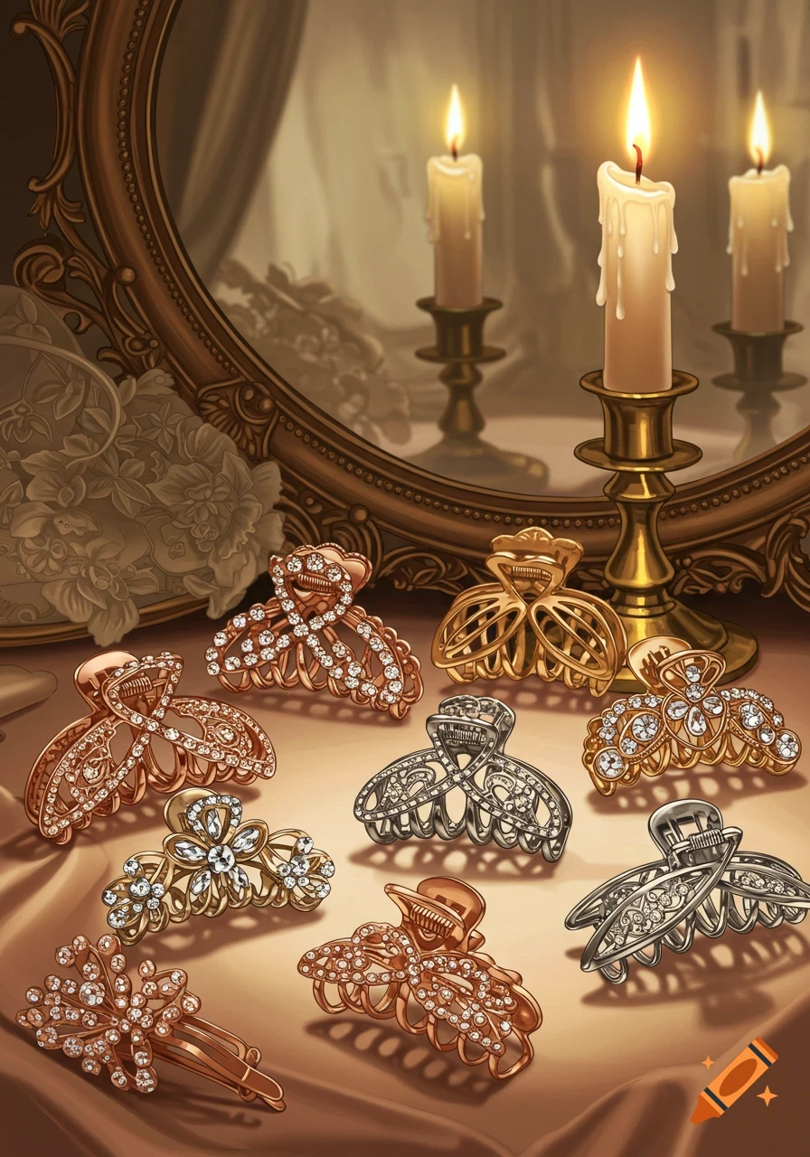 Ornate metallic hair claw clips with jewels, arranged on satin, with lit candles and a decorative mirror.