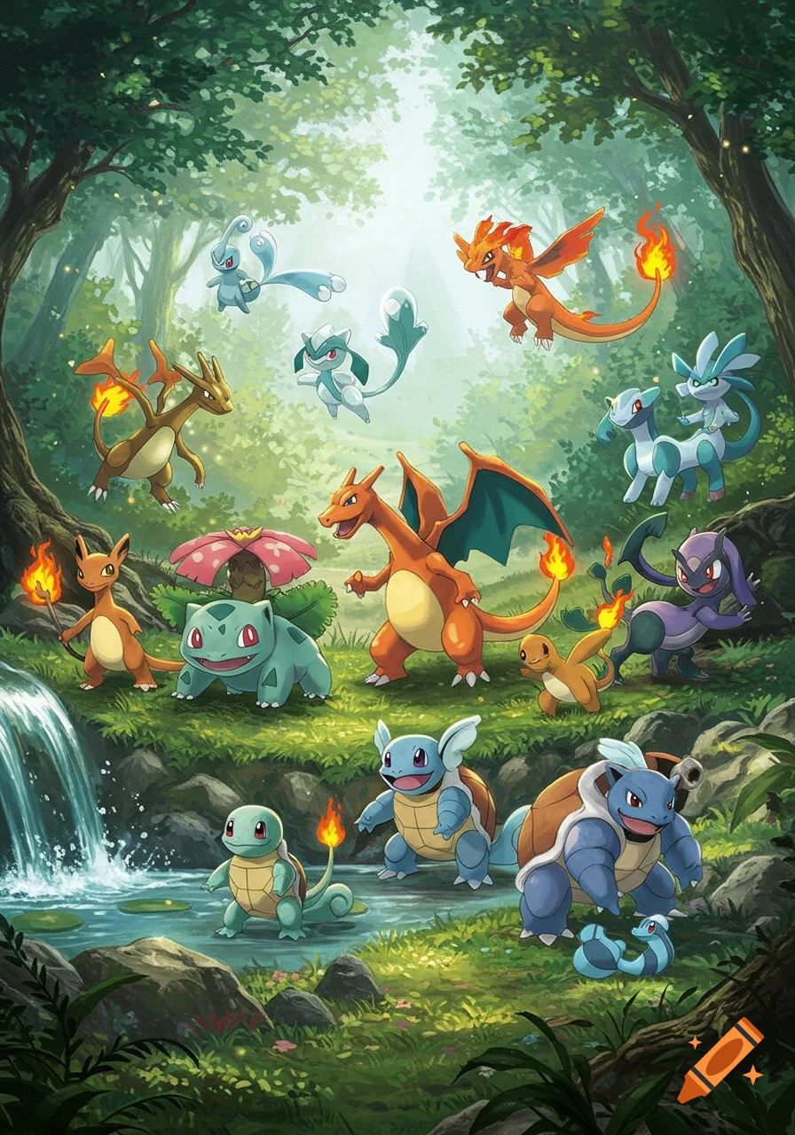 All starter Pokmon and their evolutions gathered in a lush green forest with a waterfall.