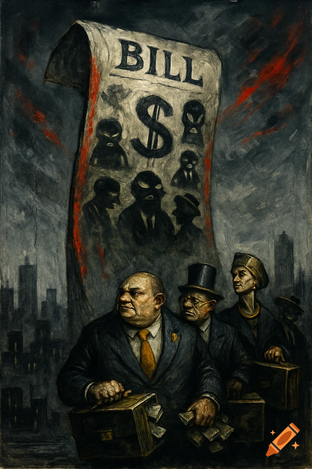 Dark, gritty painting of a large bill with a dollar sign and masked figures looming over suited men holding money in a city.