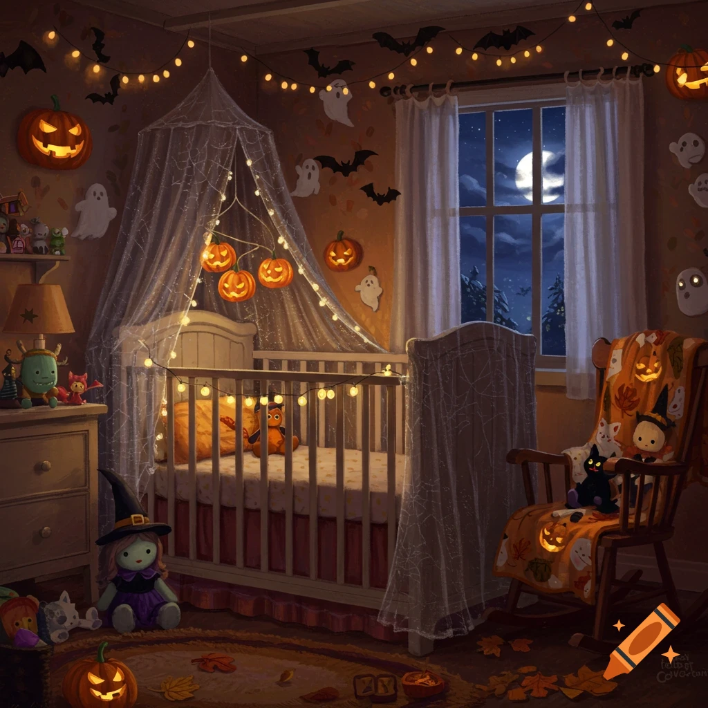 An illustration of a cozy Halloween-themed nursery with a crib, pumpkins, ghost decorations, and a full moon outside the window.
