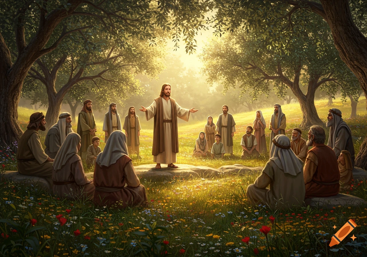 Jesus teaching a diverse crowd of disciples and followers in a sun-drenched, lush field under olive trees.