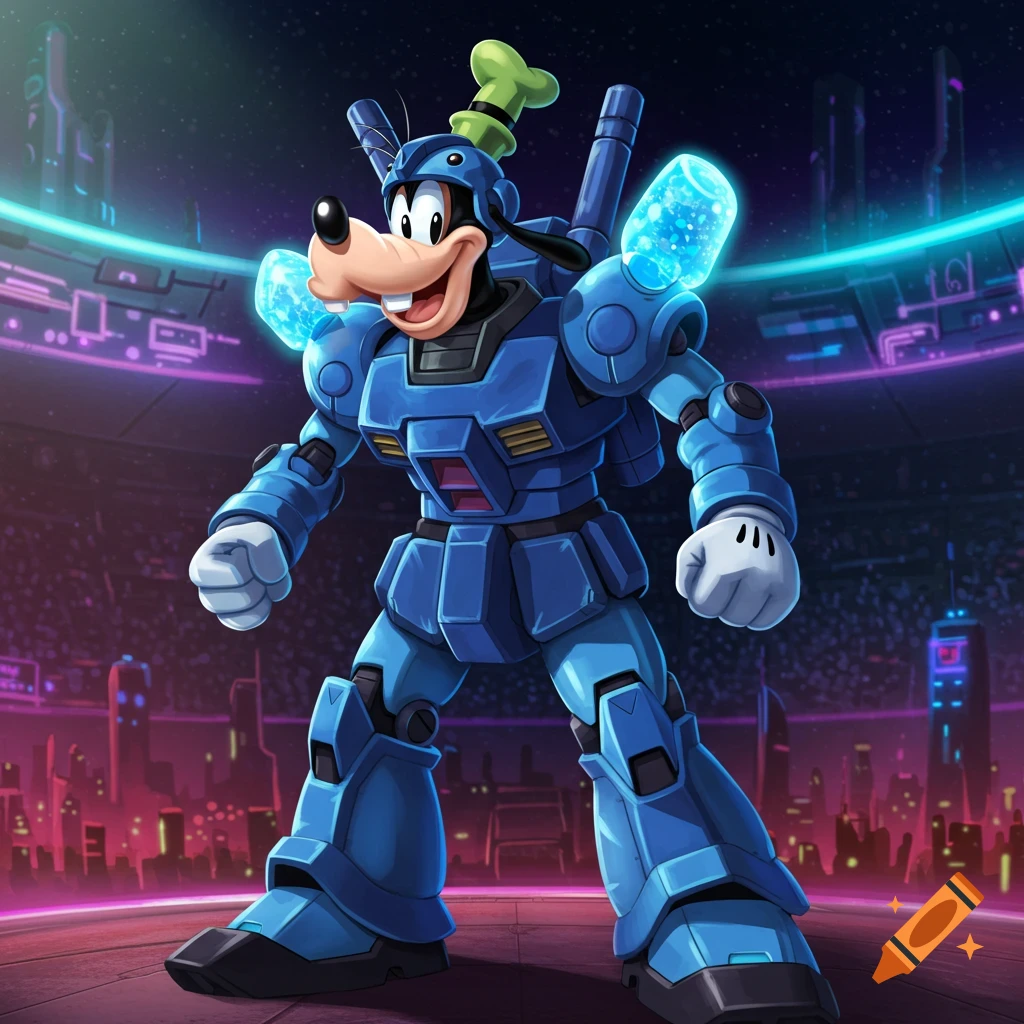 Goofy wears a blue robotic suit, resembling a Gouf, in a futuristic arena with neon lights.