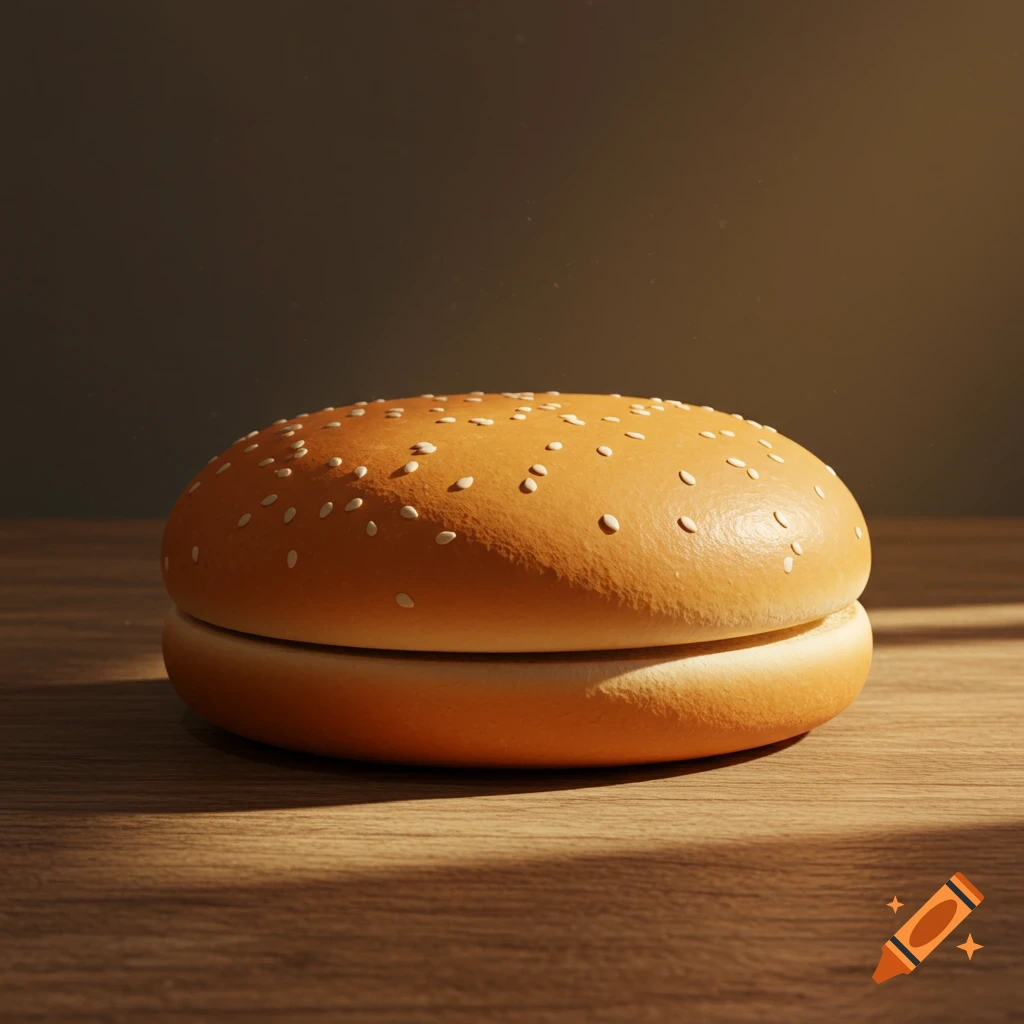 Photorealistic image of an empty sesame seed burger bun resting on a wooden table.