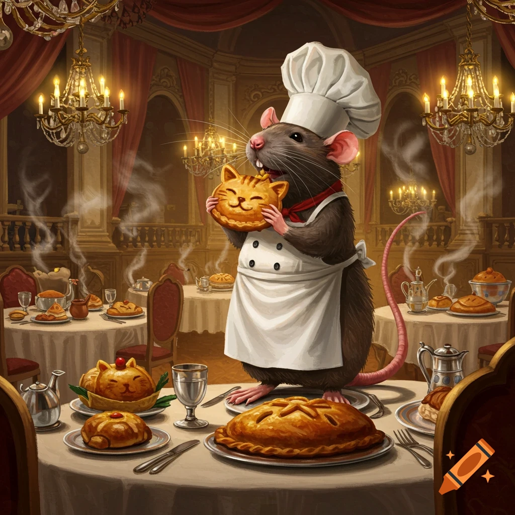 A dapper chef rat in an elegant dining room holds a cat-shaped pie, surrounded by other pastries and ornate chandeliers.