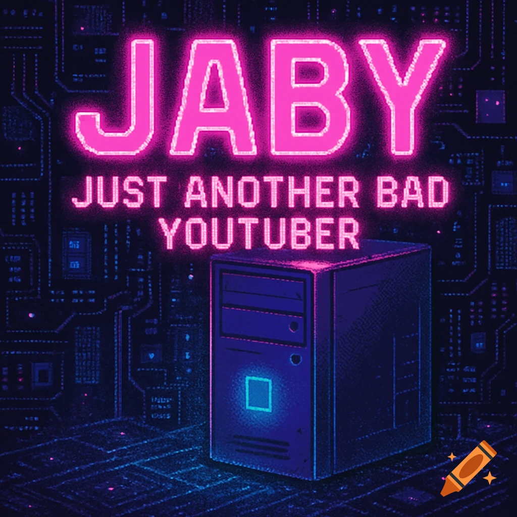 Pixel art image with neon pink text 'JABY' and 'JUST ANOTHER BAD YOUTUBER' above a modern PC on a dark circuit board background.