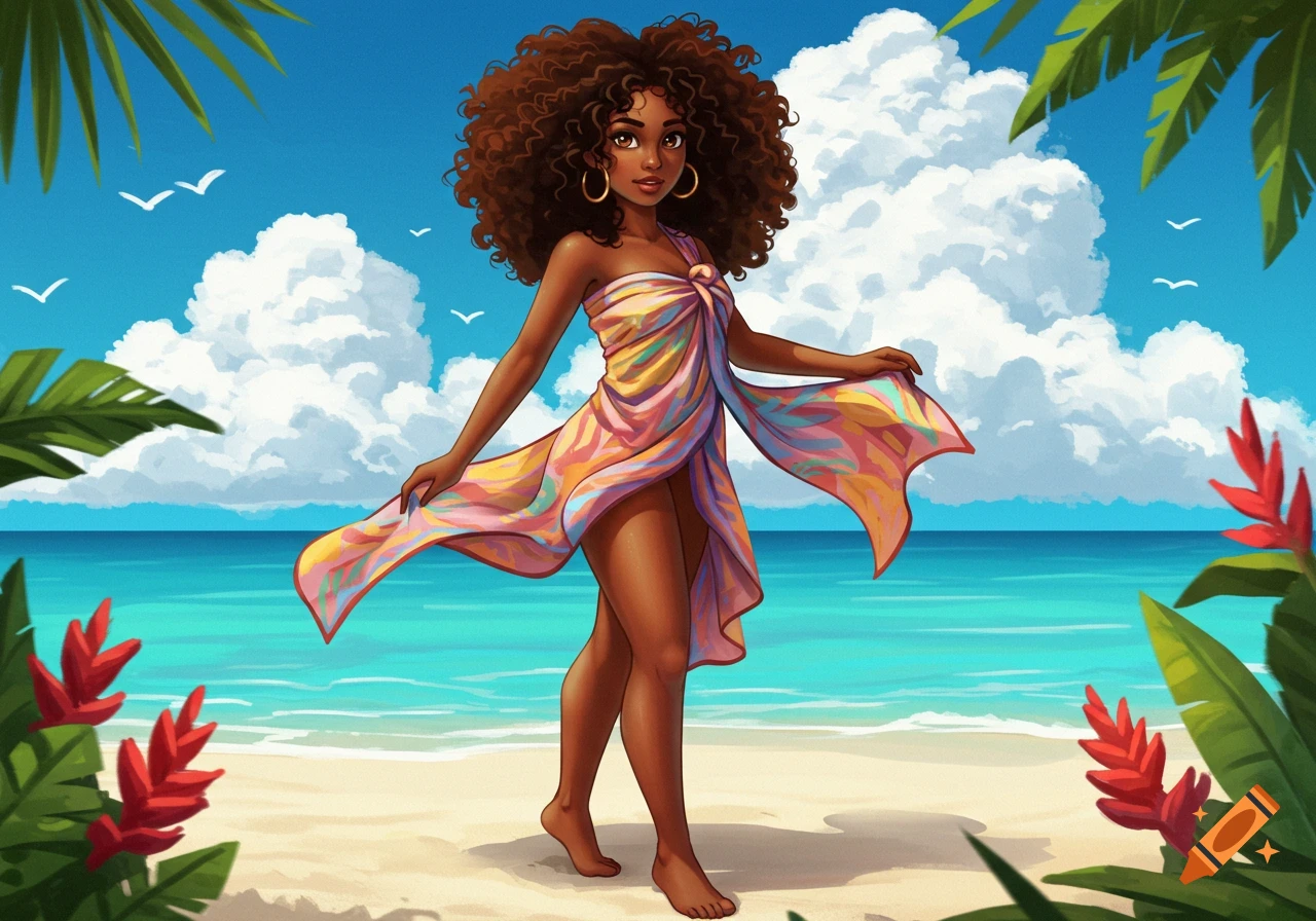 Illustrated woman with brown skin and curly hair in a colorful sarong on a tropical beach.