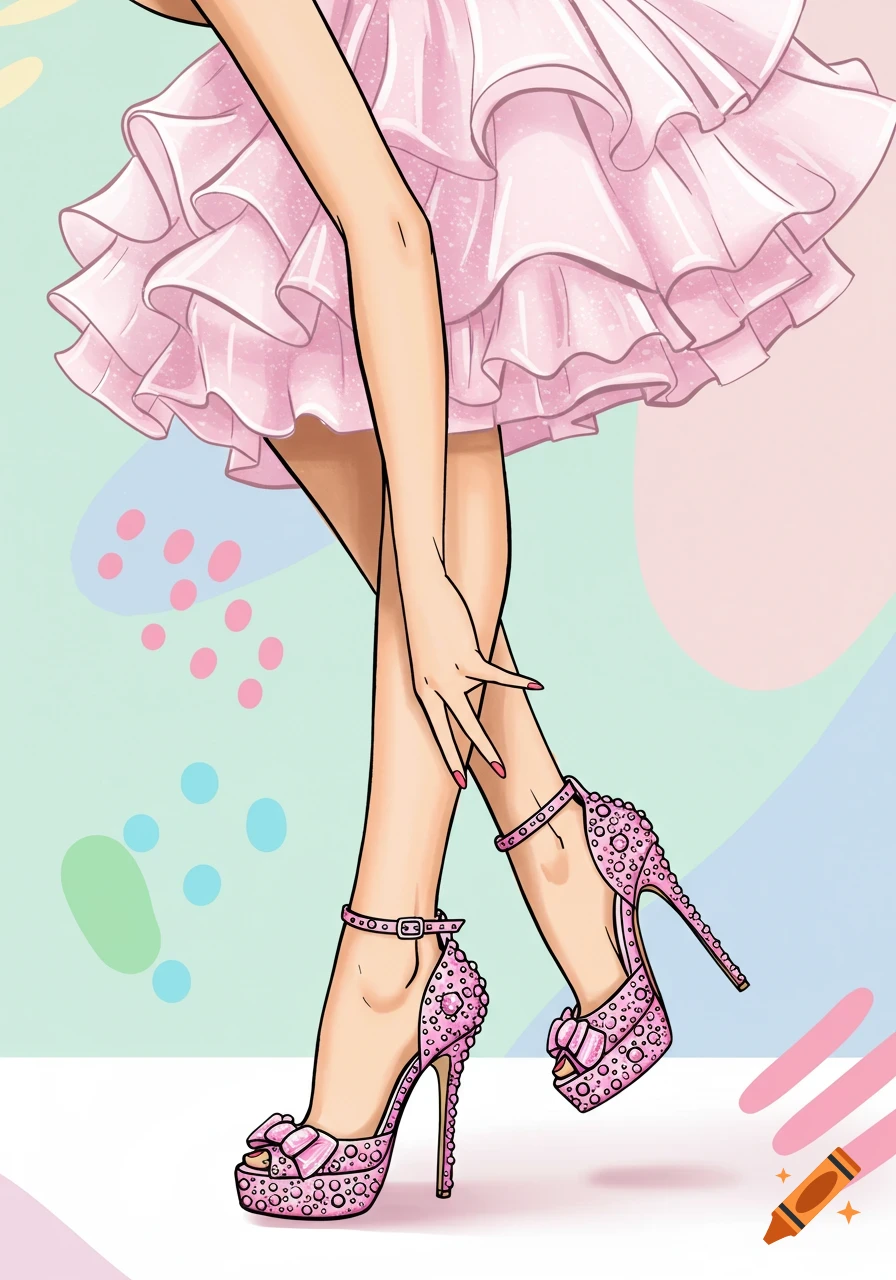 A fashion drawing of a woman's legs and hands, wearing a pink ruffled dress and pink bejeweled high heels, in a pop art style.