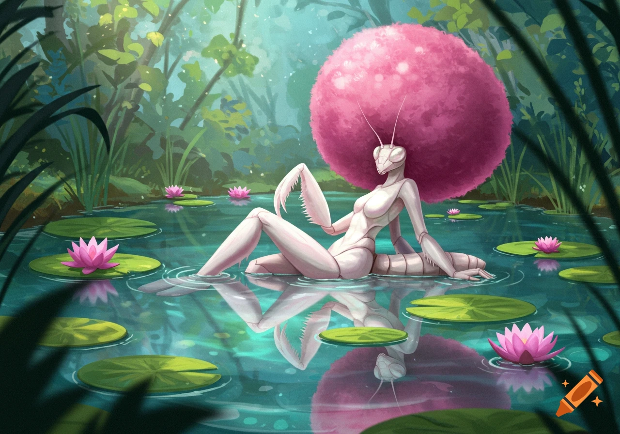 A female anthropomorphic white orchid mantis with a pink afro relaxes in a pond with lily pads and pink water lilies, in a 2D art style.