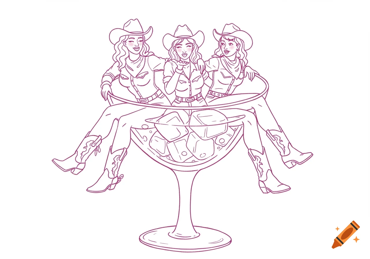 Three pink line drawn cowgirls in hats and boots sitting in a large cocktail glass with ice, one blowing a kiss.