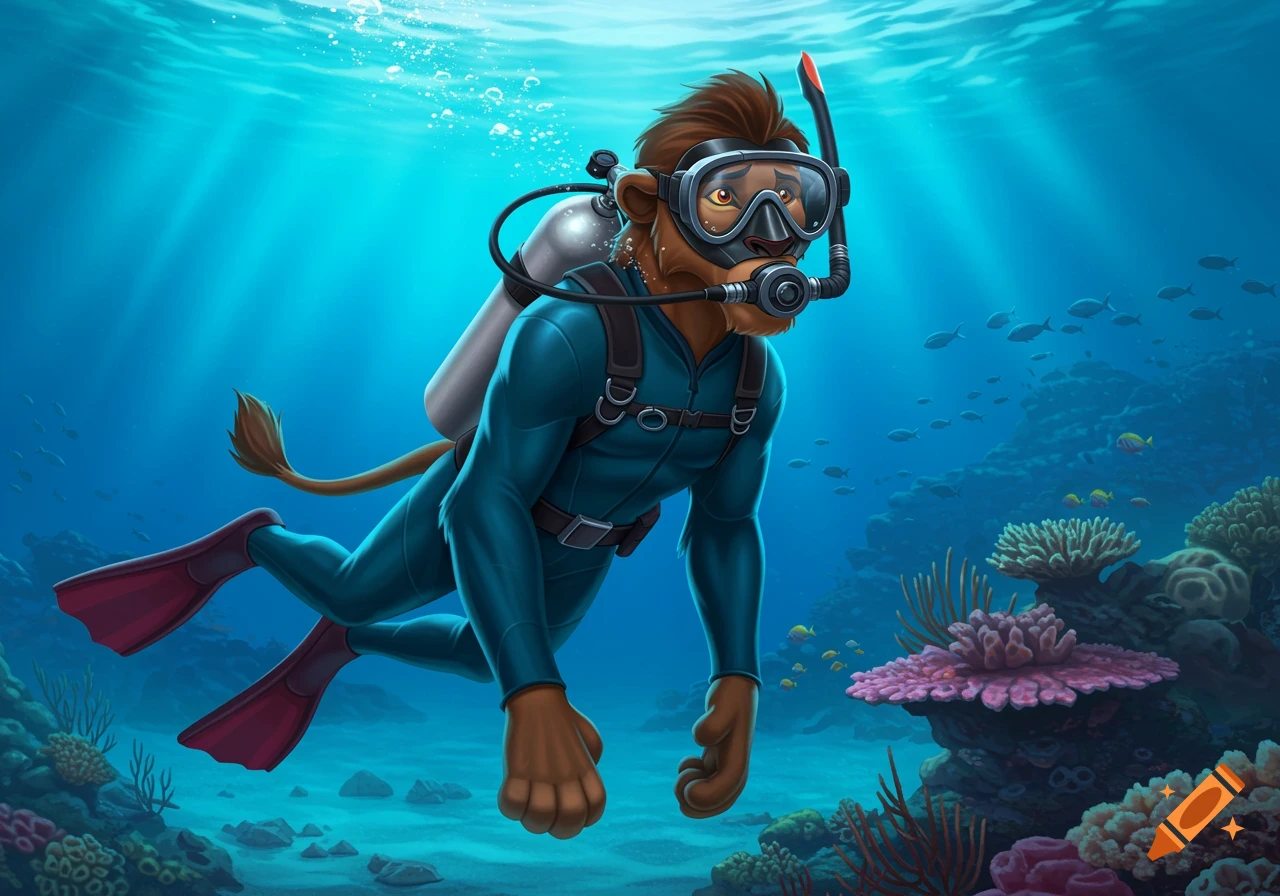 A stylized illustration of an anthropomorphic lion in a teal wetsuit and red fins scuba diving over a vibrant coral reef.