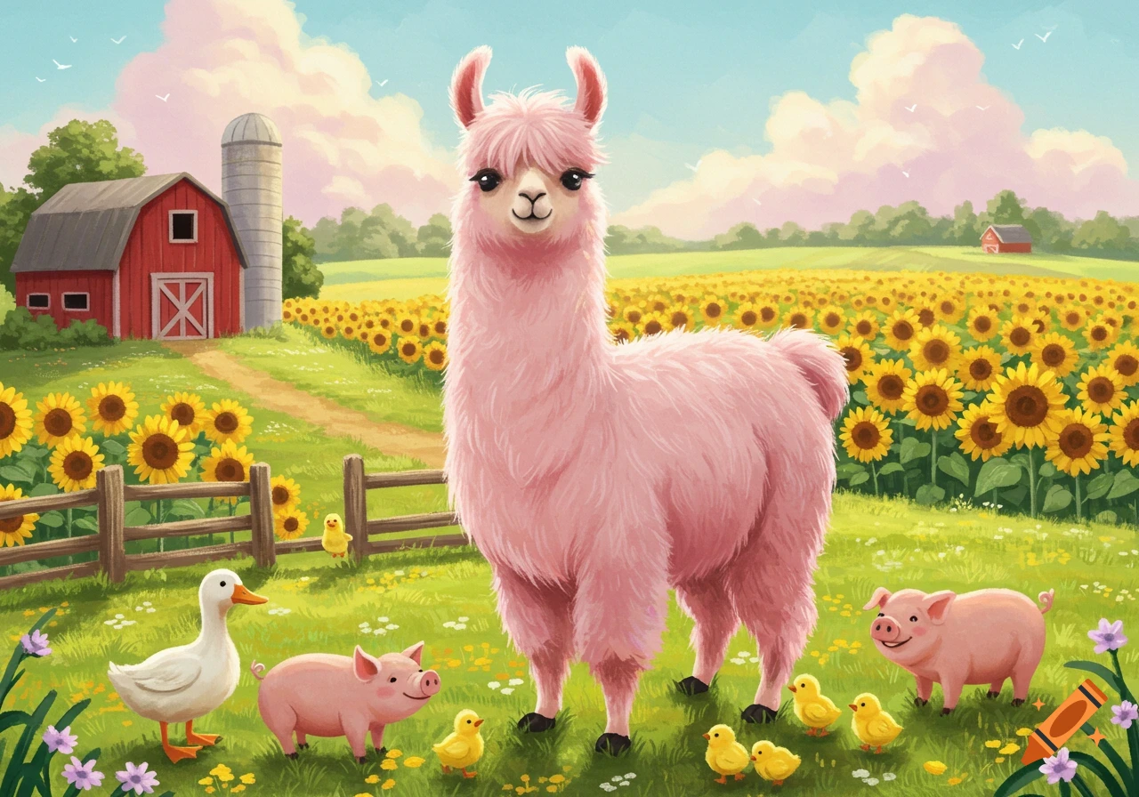 A whimsical illustration of a pink llama standing in a sunflower field on a farm, surrounded by pigs, a duck, and chicks.