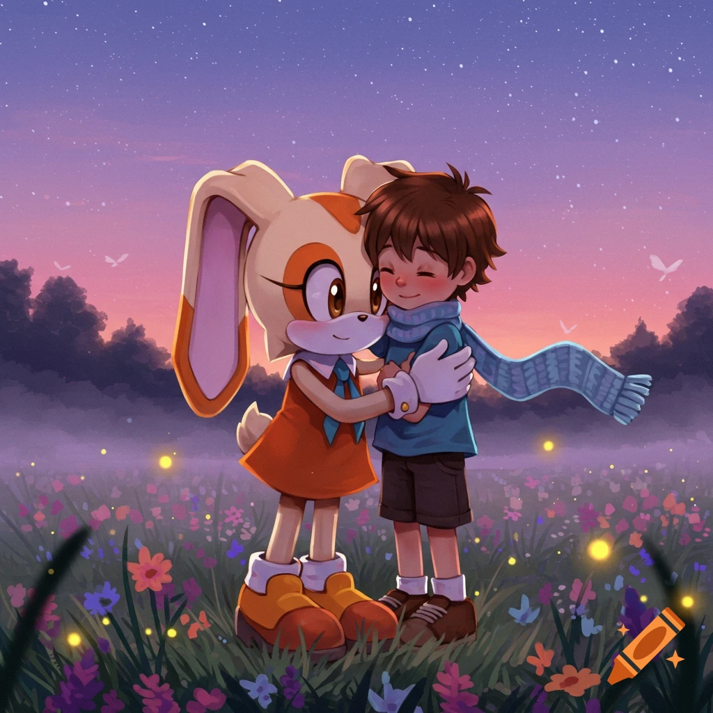 Cream the Rabbit, a cream-colored rabbit character, hugs a brown-haired human boy in a vibrant flower field under a starry twilight sky.