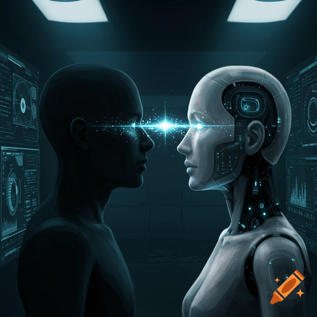 A dark human silhouette faces a light-colored robot, with a bright light bridge connecting their glowing eyes, in a futuristic, dark room with digital screens.
