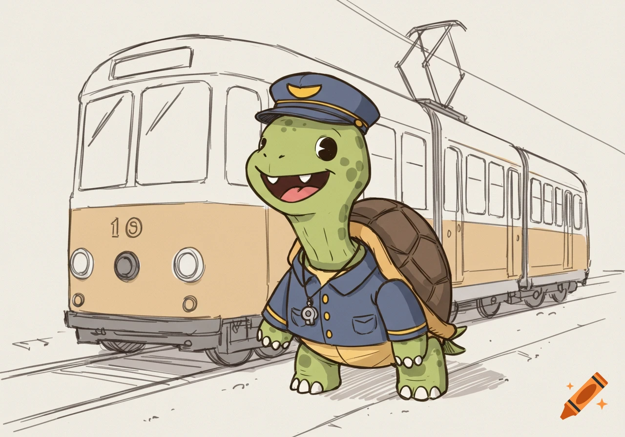Simplified cartoon of a happy green turtle in a blue conductor's uniform standing in front of a beige tram on tracks.