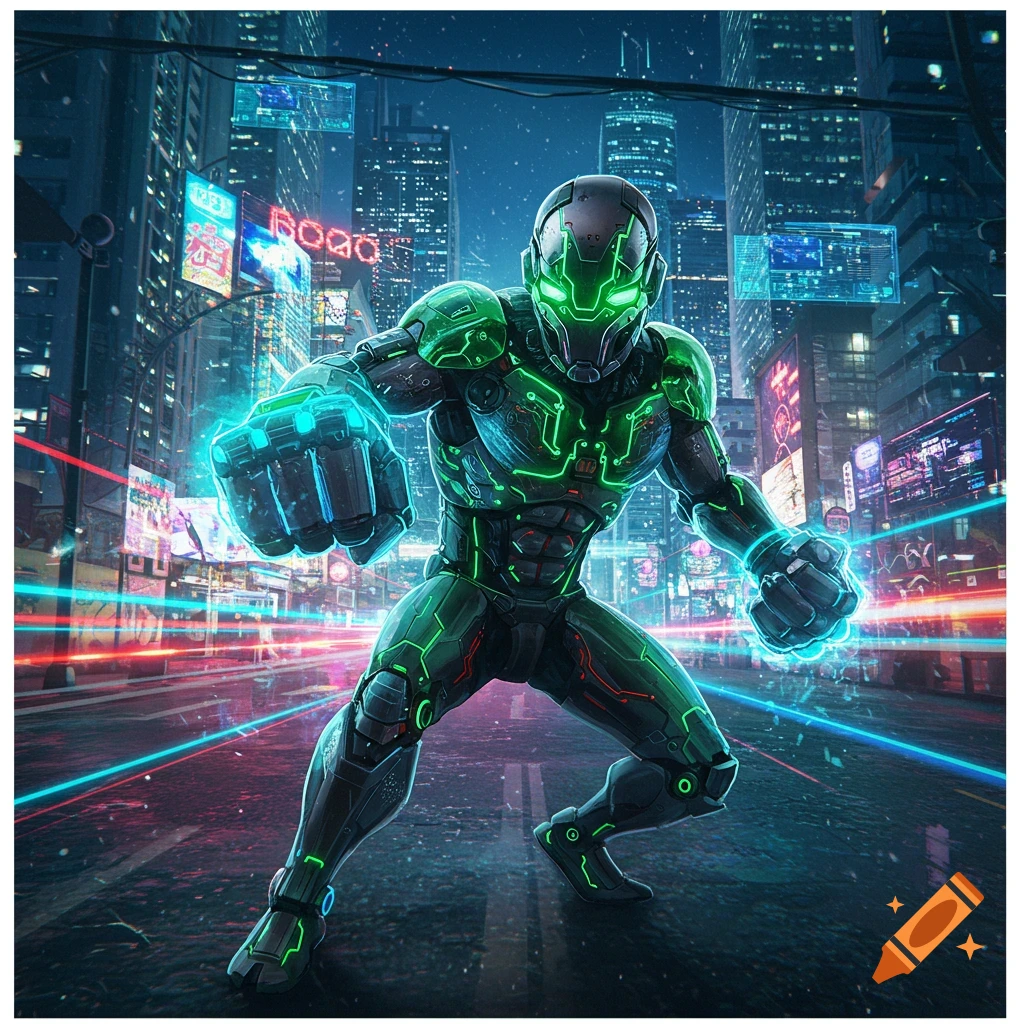 A powerful green glowing cyborg stands in a futuristic cyberpunk city at night with neon lights and blurred streaks.