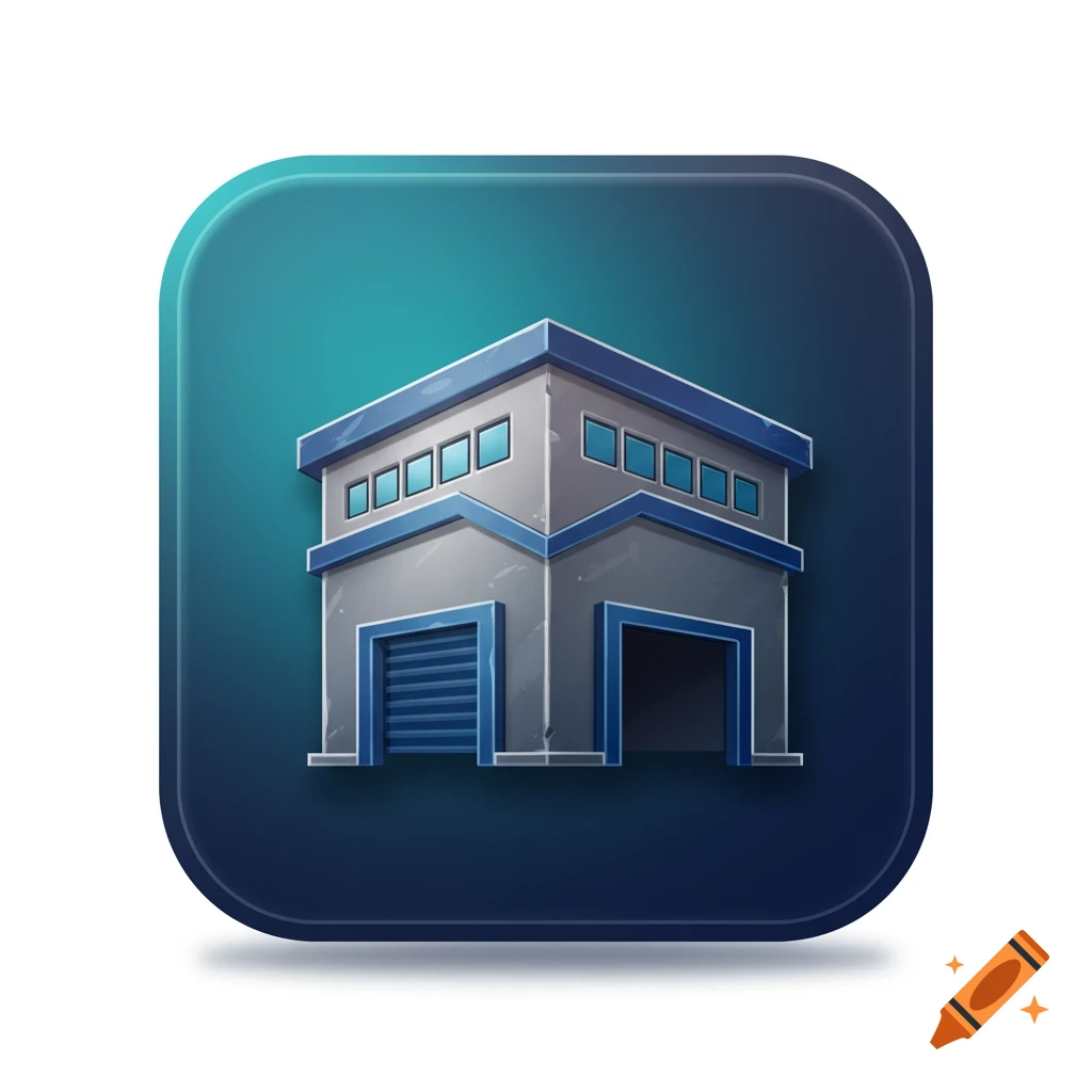 A stylized cartoon app icon of a grey and blue warehouse building with two garage doors and multiple windows, on a rounded gradient background.