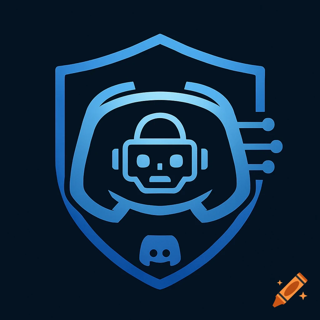 A blue shield logo featuring an outline of the Discord mascot combined with a robot head, on a dark background.