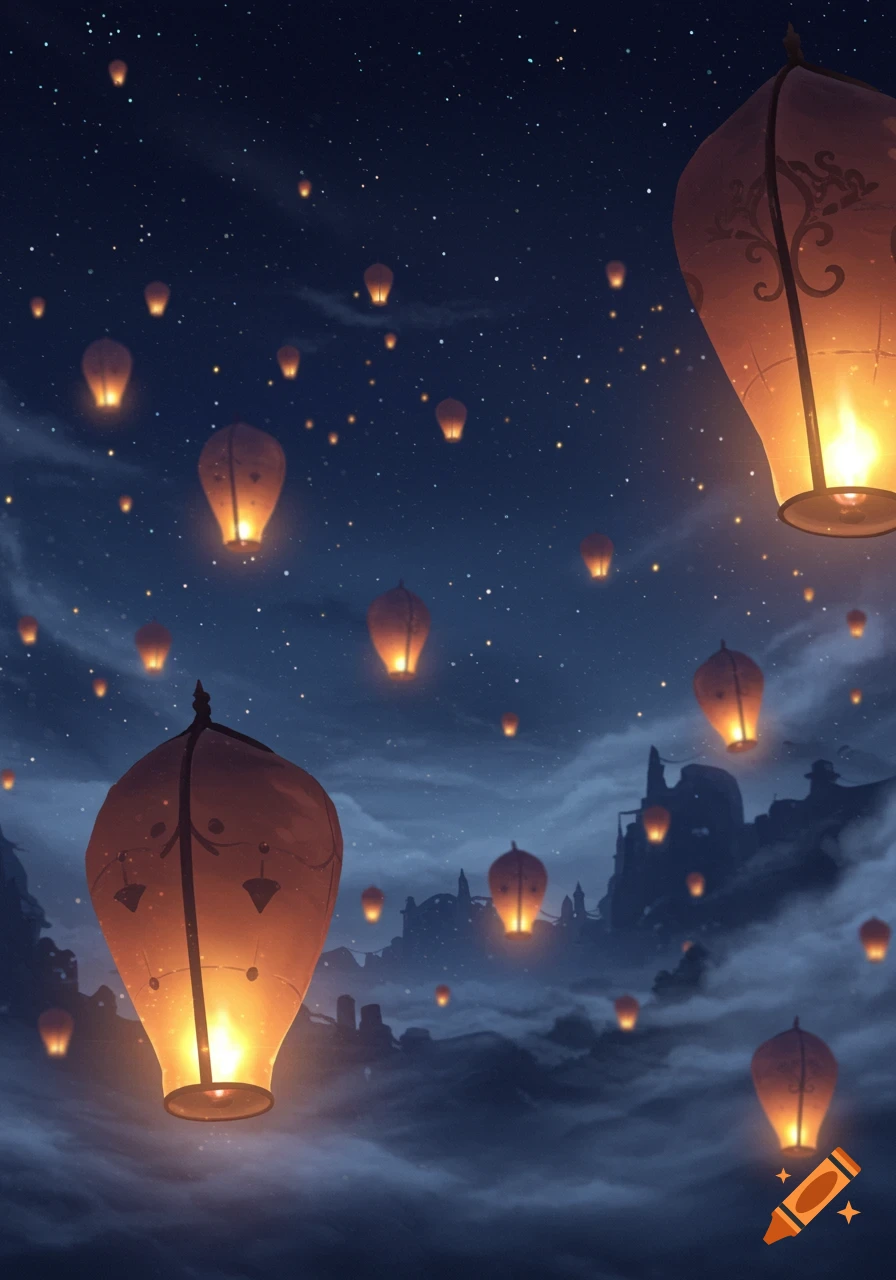 Many illuminated sky lanterns float against a dark, starry night sky with silhouetted buildings below.