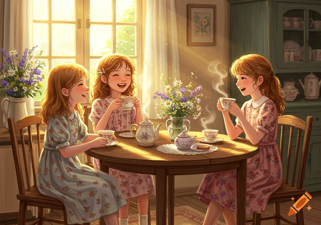 Three smiling girls enjoy a sunlit tea party in a cozy kitchen, steam rising from their cups.