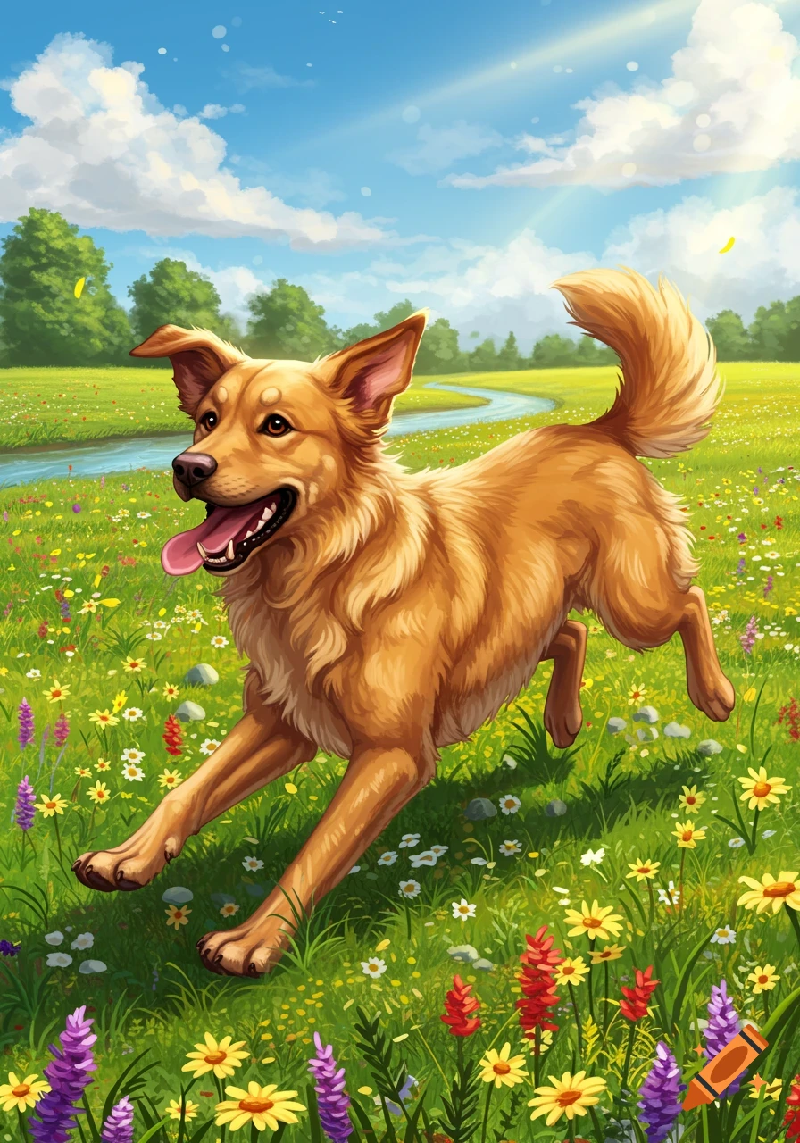 A happy golden-brown dog with a pink tongue out runs through a vibrant green field filled with colorful wildflowers under a bright blue sky.