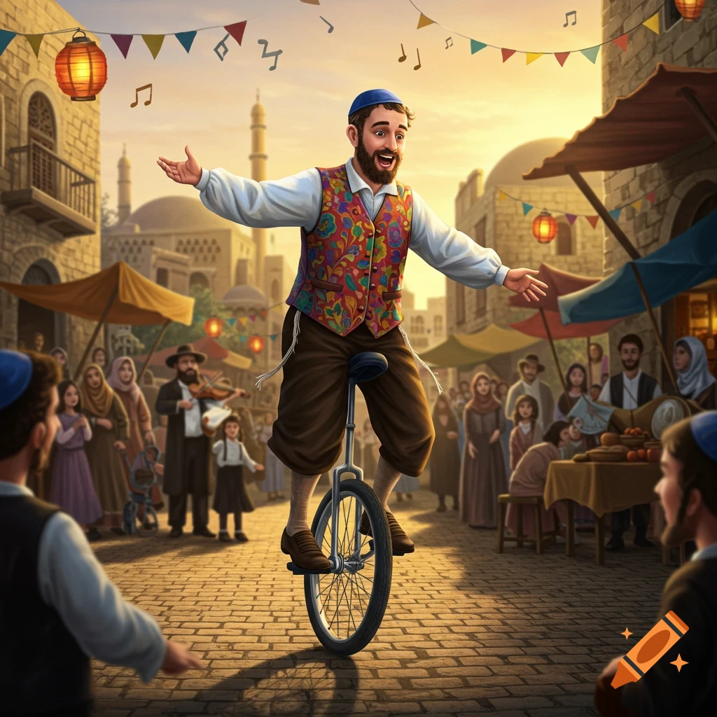 A bearded man in traditional Jewish attire smiles broadly, riding a unicycle with arms outstretched on a bustling marketplace street under a festive sky with lanterns and flags.