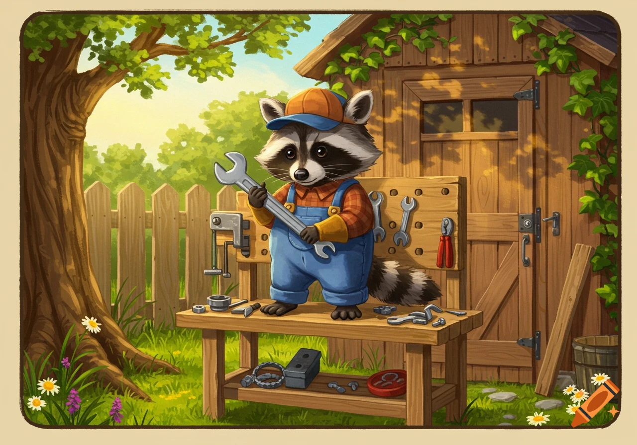 A cute cartoon raccoon wearing overalls and a baseball cap holds a large wrench, standing at a workbench in a sunny garden.
