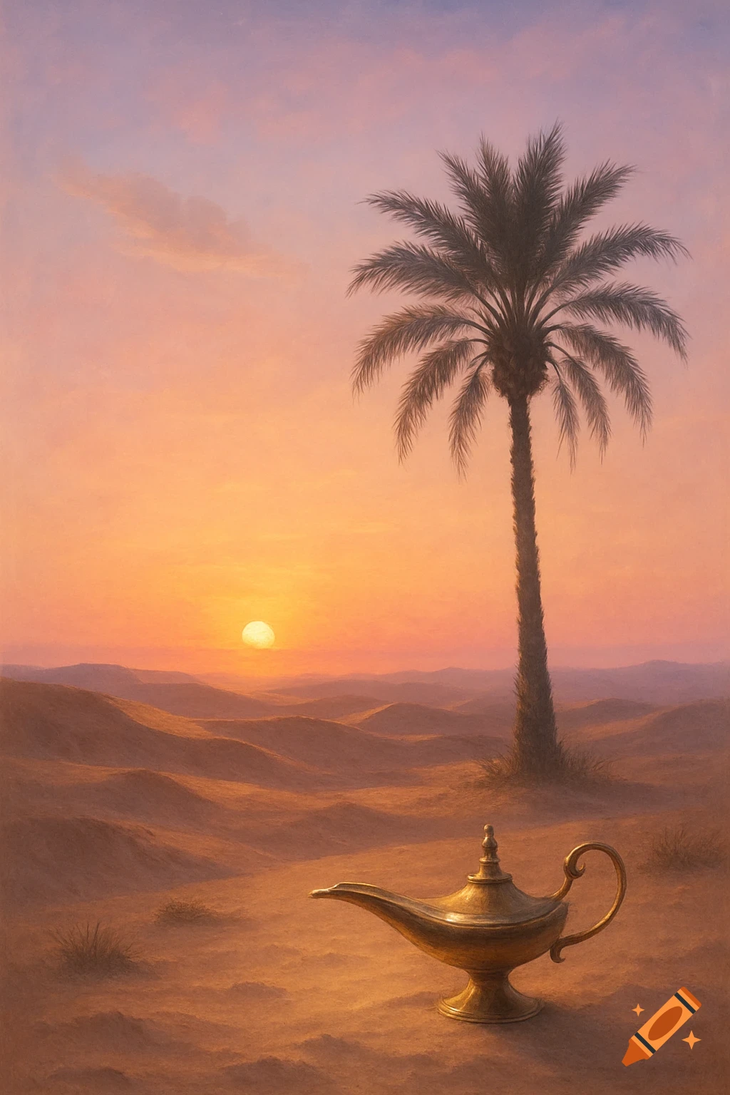 A golden magic lamp rests in a sandy desert at sunset, with a tall palm tree silhouette against the orange sky.