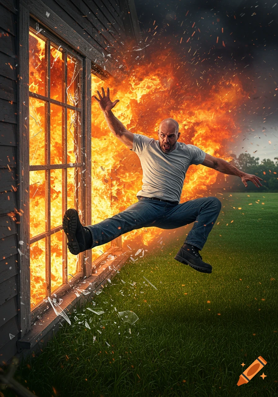 A bald man in a t-shirt and jeans dives through a fiery window, escaping a burning farmhouse onto a green lawn.