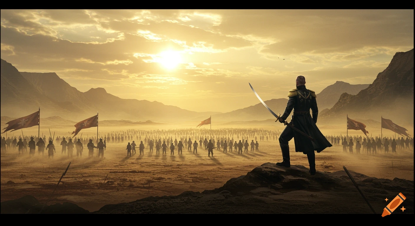A military commander stands on a hill, overlooking a vast army on a hazy, dry battlefield at sunset, holding a sword.