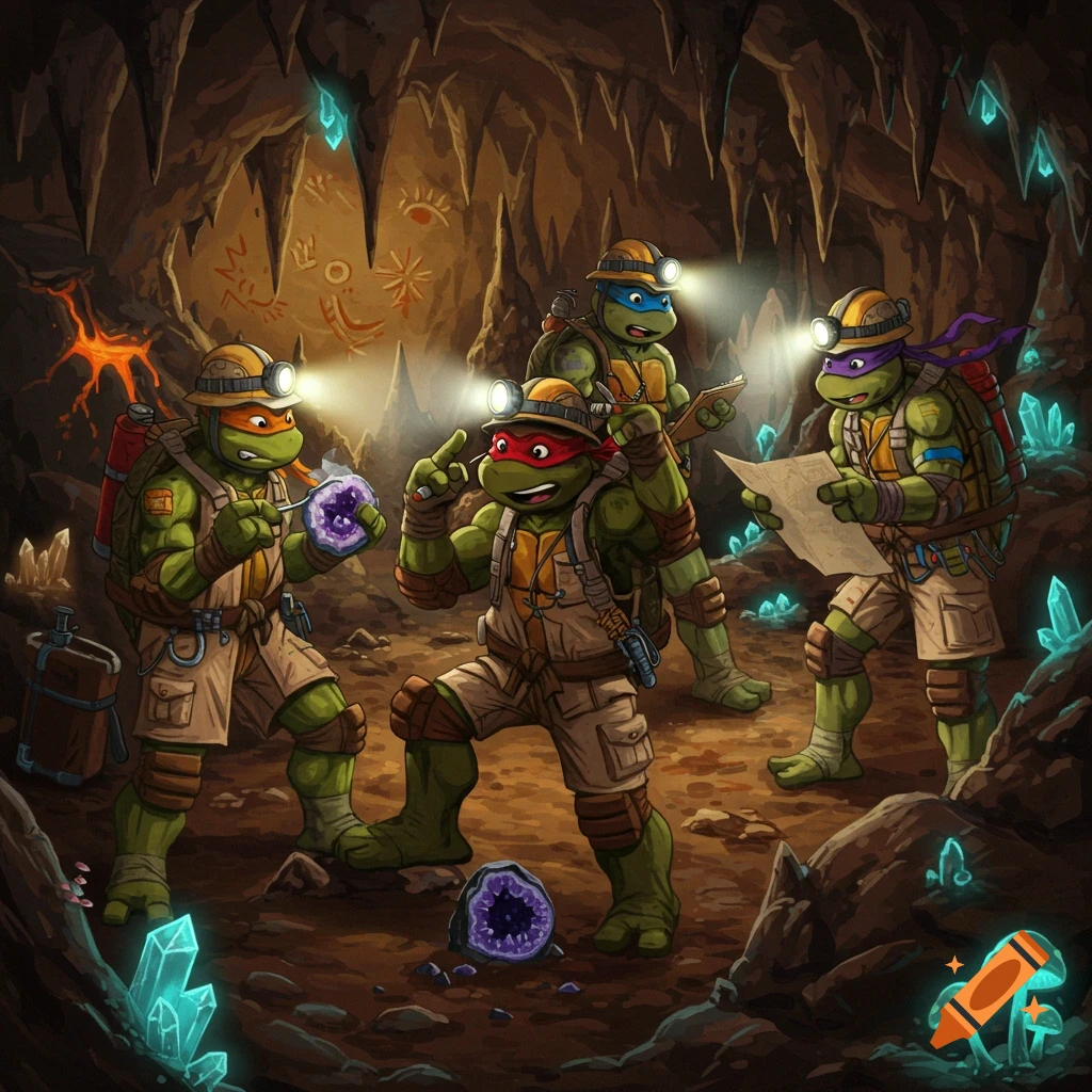 Four Teenage Mutant Ninja Turtles dressed as geologists explore a glowing crystal cave, examining geodes and maps in a cartoon style.