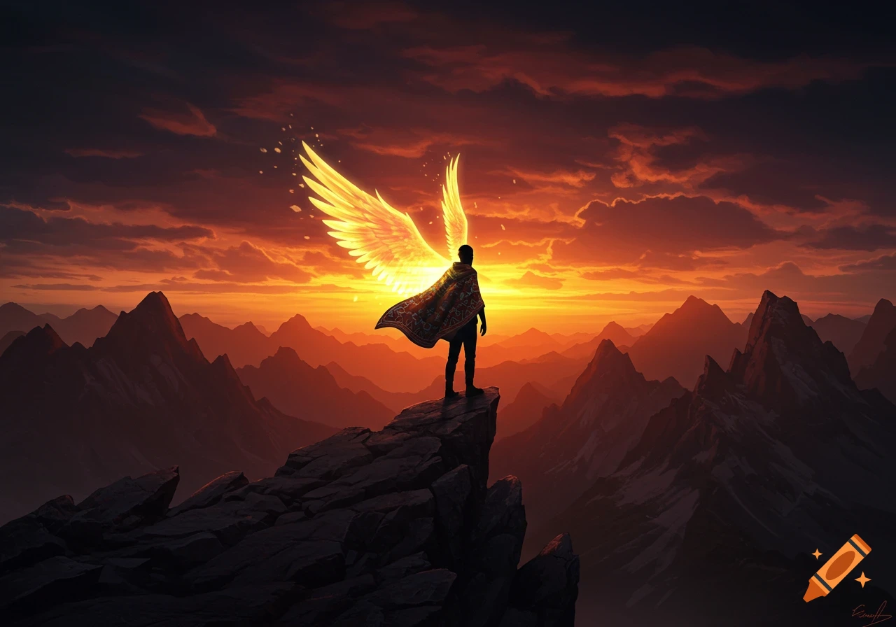 A figure with glowing wings stands atop a mountain peak at a vibrant sunset, overlooking a vast mountain range, digital art.