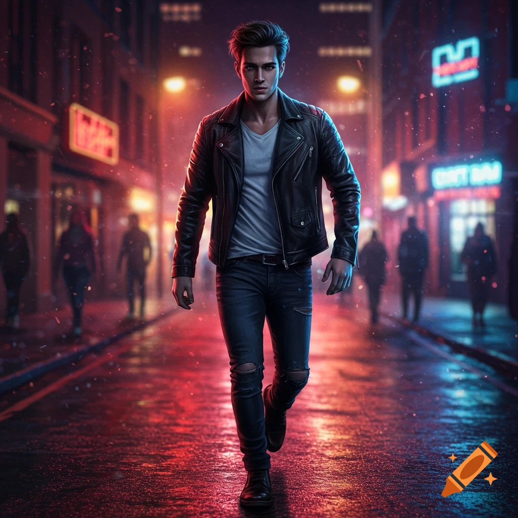 A photorealistic image of a man in a leather jacket walking down a wet, neon-lit city street at night.