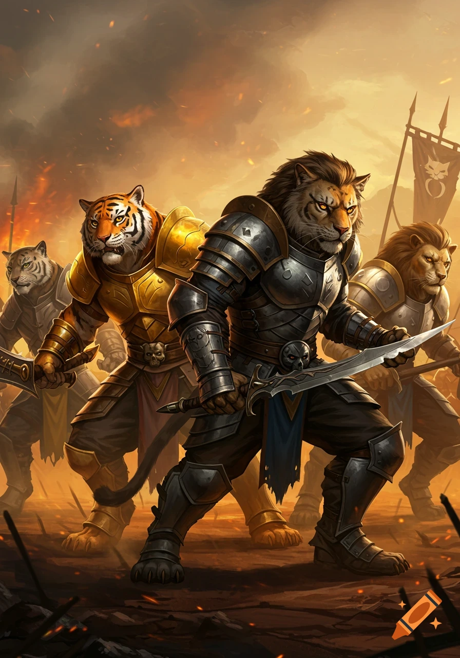 Armored lion and tiger warriors, wielding swords, stand on a fiery battlefield under a golden sky.
