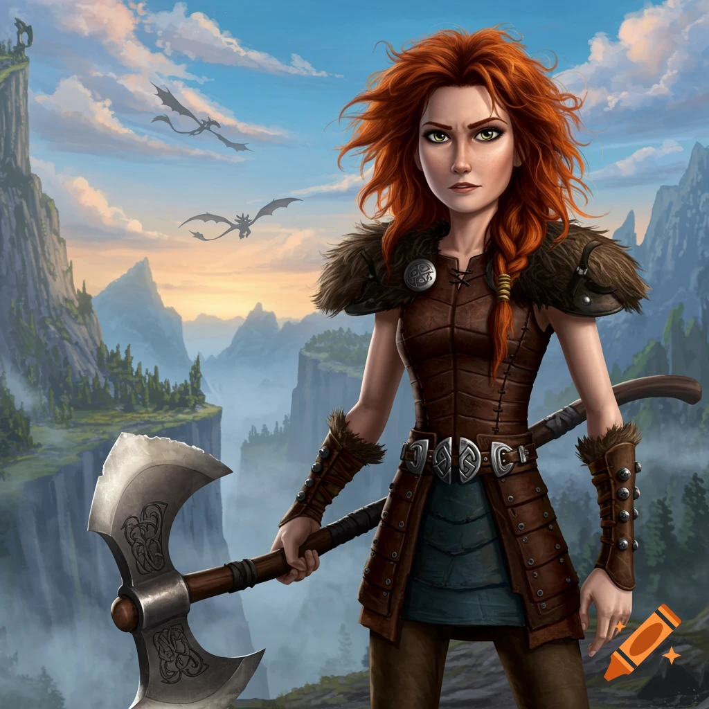 A red-haired woman resembling Heather from How to Train Your Dragon stands on a cliff, holding a large axe, with dragons flying in a vast mountain landscape.