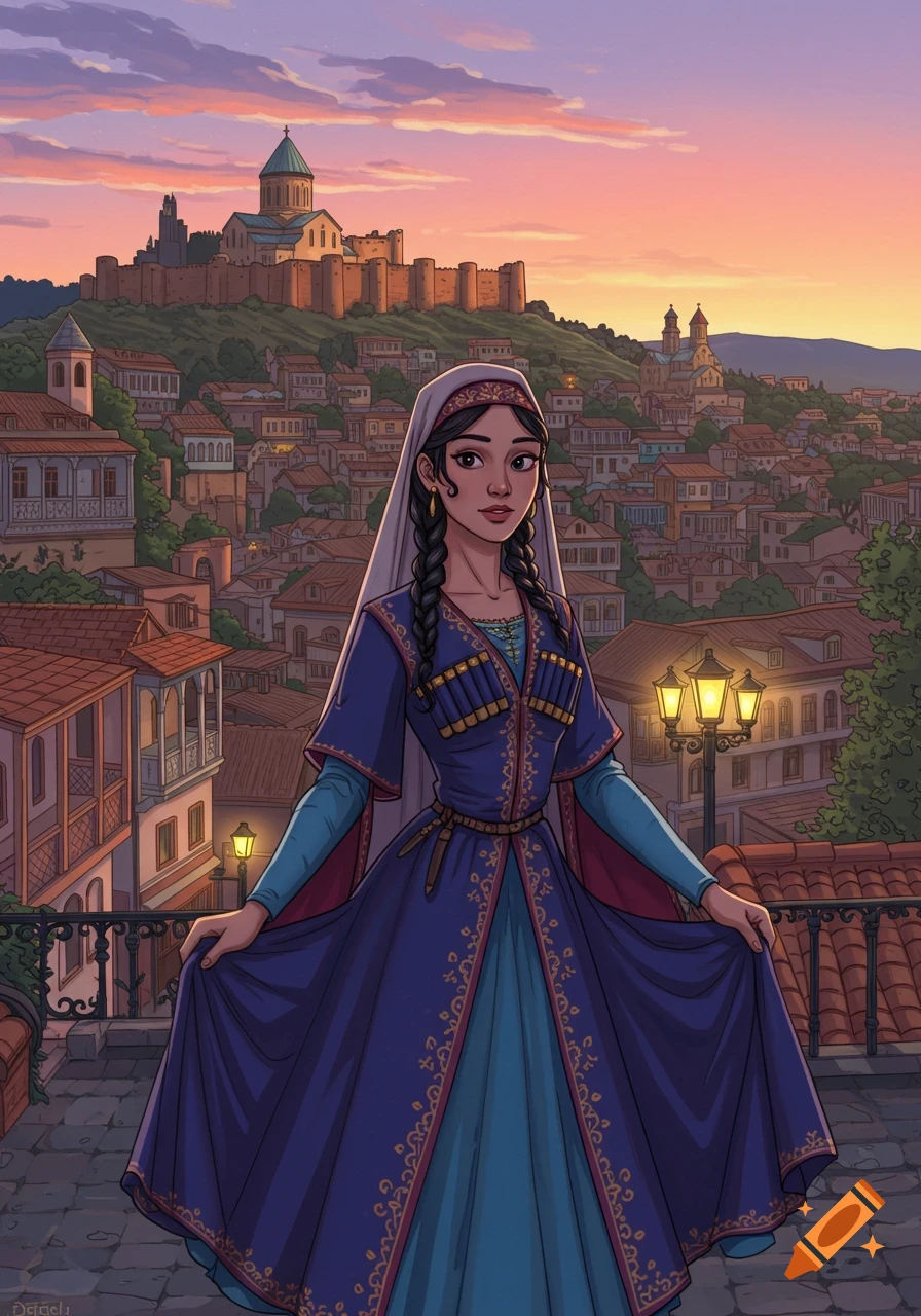 Cartoon illustration of a woman in traditional Georgian attire overlooking the cityscape of Tbilisi at sunset.