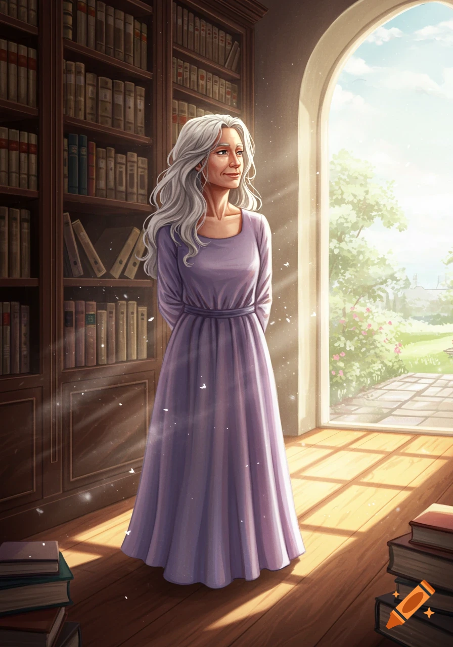 A mature woman with long white hair in a lavender dress stands in a sunlit library looking out an arched window.